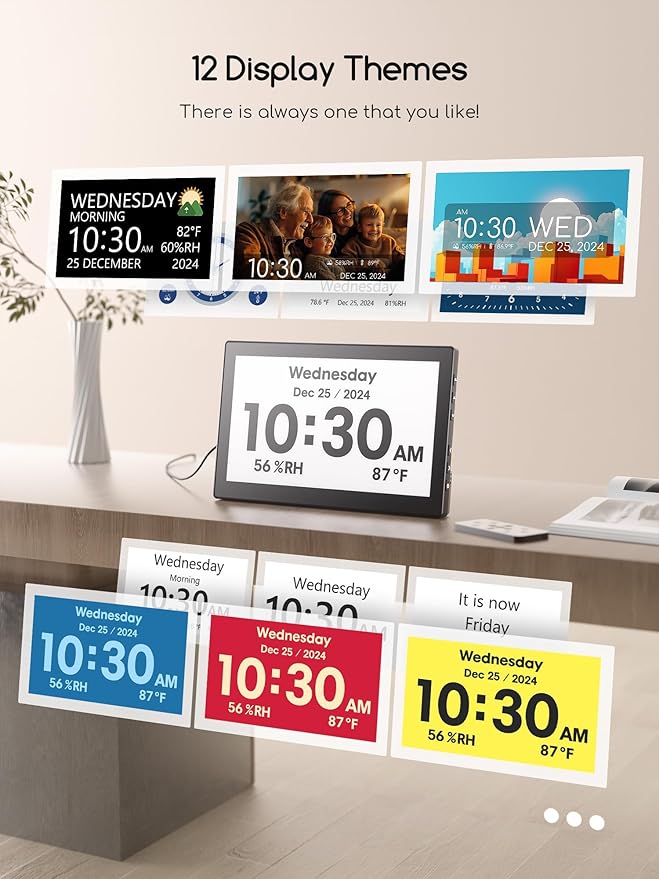 Raynic Digital Clock, 10.1 Inch Large Display Calendar Clock with 12 Themes, 20 Alarms, 20 Reminders, Auto Dimming, 12/24 Hours, Indoor Temperature, Humidity for Seniors, Desk (Black)