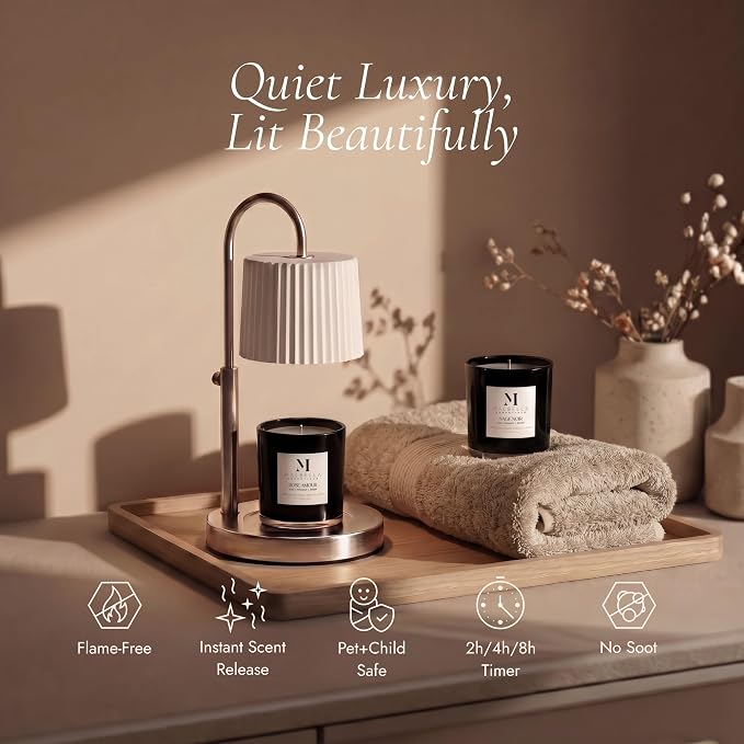 Dimmable Glass Candle Warmer Lamp with Timer - Adjustable Height Candle Lamp Warmer with Timer (8H/4H/2H) - Wax Melter - Ideal Gift, fits Various Size Scented Candles - 02 Bulb - (Brushed Nickel)