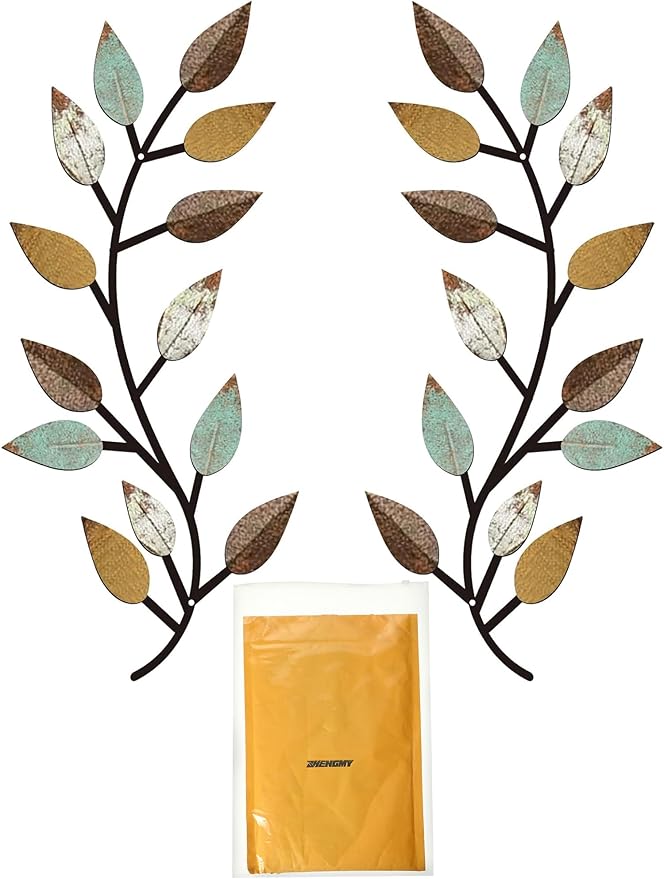 Zhengmy 2 Pieces Metal Tree Leaf Wall Decor Vine Olive Branch Leaf Wall Art Living Room, Hallway Wall Decor Outdoor Decoration(Bright Colors)