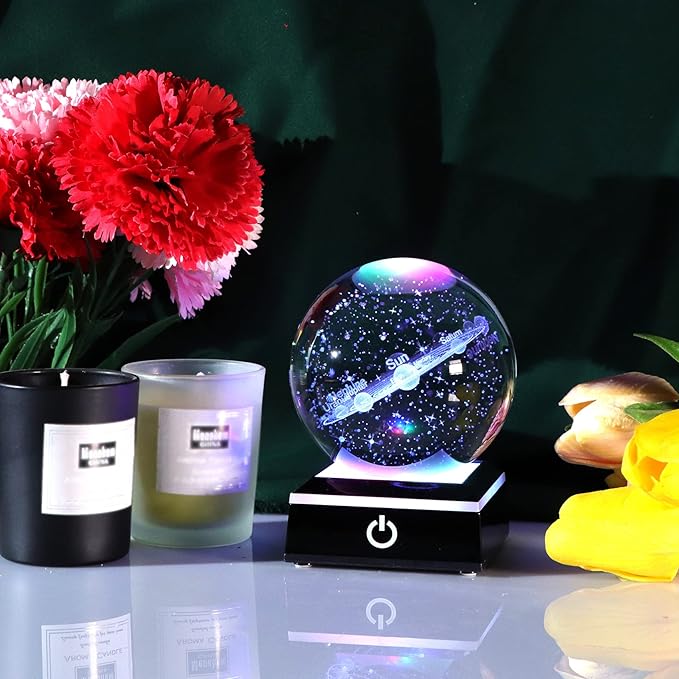 3.15" K9 Crystal 3D Solar System Ball with Black LED Colorful Lighting Touch Base, Engraving Solar System Star Planet Model Decor, Science Universe Astronomy Gifts for Astronomy Lovers