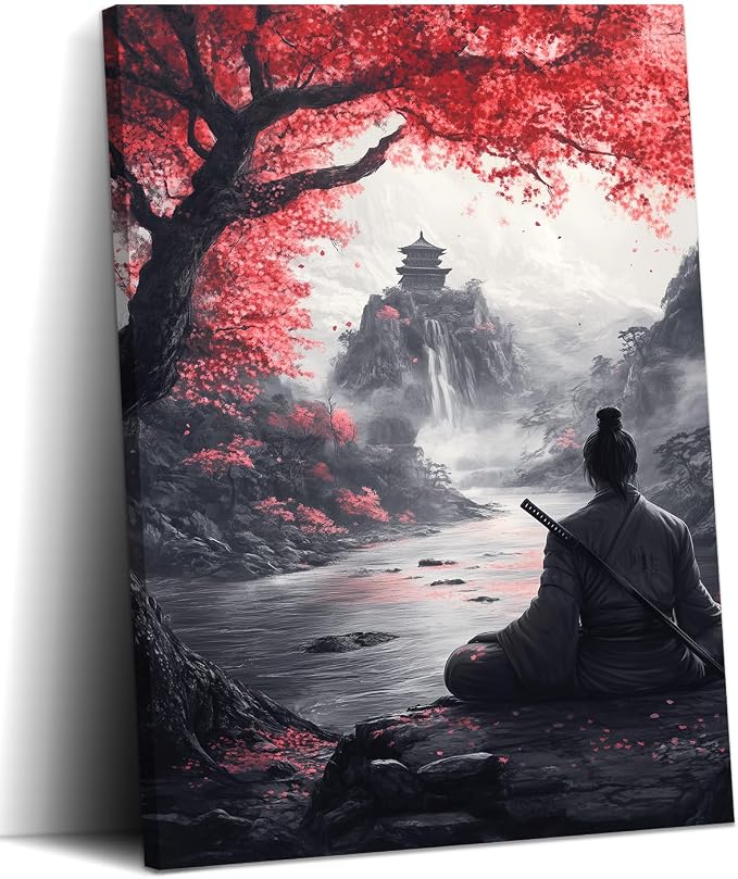 KPLUNDO Japanese Canvas Wall Art Samurai Warrior Picture Red Tree Landscape Paintings Prints Asian Artwork for Living Room Bathroom Home Office Decoration, 24x36 inch