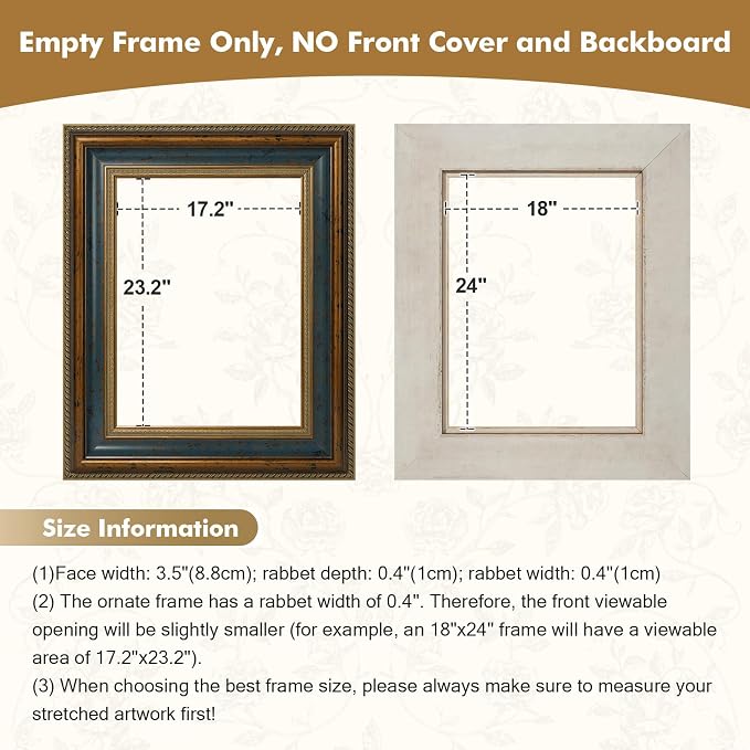 Classical DIY Wood Plein Air Frame for 20x24 Handmade Oil Paintings, 3.5" Wide Antique Sculpted Art Frame for Artists Exhibition Gallery Show Memorial Portrait, No Glass & Back (Blue Gold)
