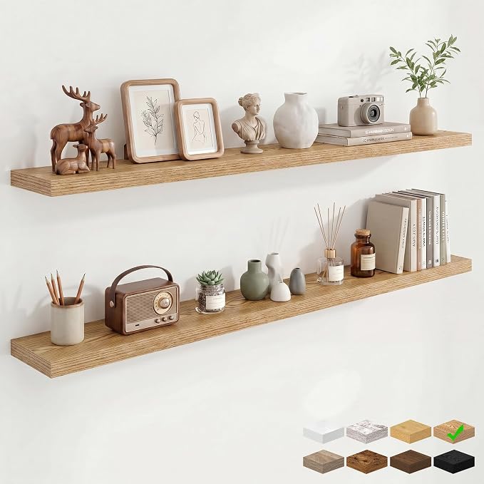 Marsmiles 55in Floating Shelves for Wall, 72" W x 9.25" D x 1.5" H, Long Wall Mounted Engineered Wood Shelves with Invisible Brackets for Living Room, Bedroom, Bathroom, Kitchen, Cedar, 2Pcs
