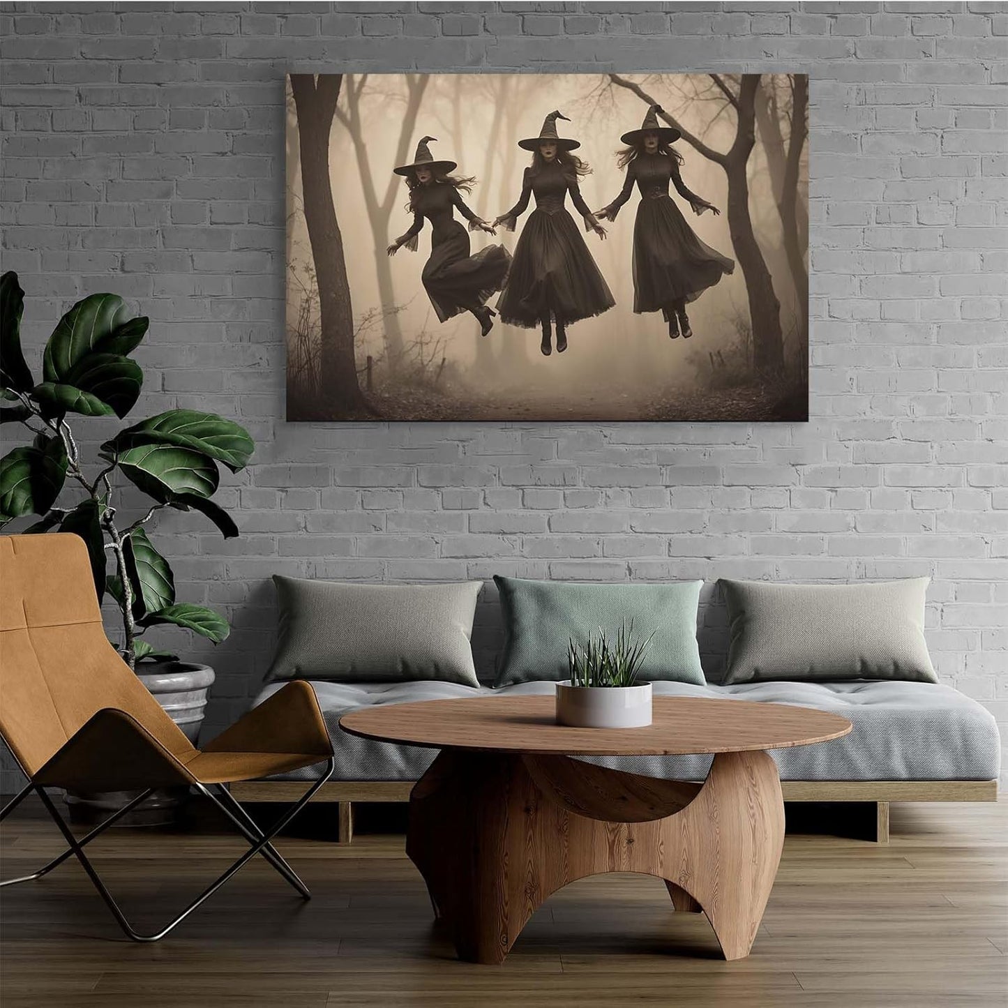 Three ghost witches flying in vintage forest gothic wall art witchcraft decoration holiday gift canvas wall art print28x40in Wood Framed