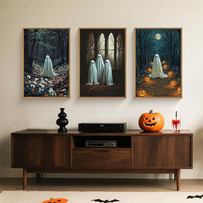 Ausril Vintage Halloween Cute Ghost Framed Wall Art Set, Scary Forest Pumpkin Wall Decor, Horror Moon Night Wall Painting, Gothic Spooky Art Print for Living Room, Bedroom, Party, Basement -24''×36''×3