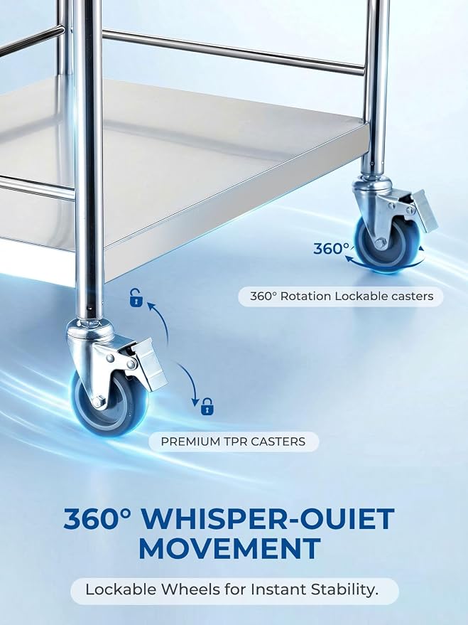 Metal Rolling Cart with 360° Silent Wheels, 220 lbs Capacity Utility Cart, 2-Tier Medical Cart with Handle & Lockable Casters for Lab, Clinic, Kitchen, BBQ Party, Salon
