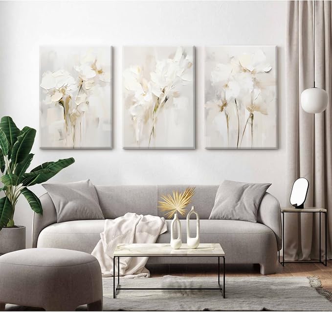 Neutral Wall Art Abstract Floral Canvas Pictures Beige Flower Wall Decor Modern Painting Minimalist Poster Abstract Botanical Prints White Artwork for Bedroom Living Room 12x16x3 Inch Ready to Hang