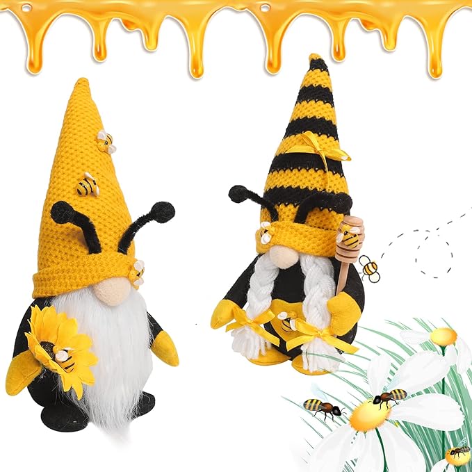CRCZK Bumble Bee Gnome Plush - Mr and Mrs Honeybee Spring Gnomes Plush Ornaments Tomte Elf World Bee Day Decor, Summer Bee Figurines Table Shelf Tiered Tray Decorations, Gifts for Women