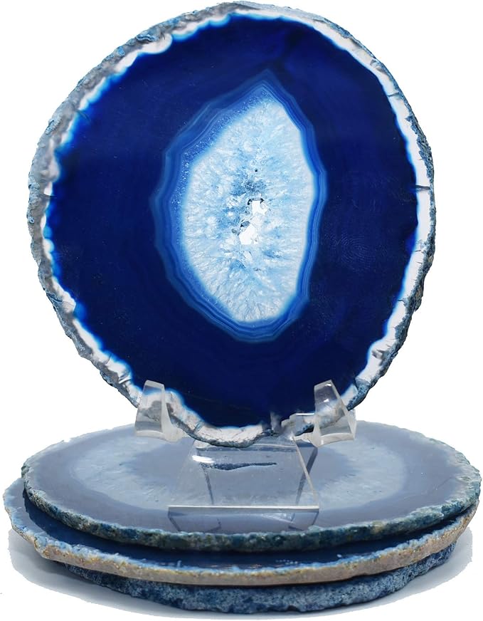 Nature's Decorations Blue Agate Stone Coasters - Set of 4, Polished Geode Drink Mats for Dining & Coffee Table & Kitchen Geode Decor Non-Toxic 3.5-4" Diameter