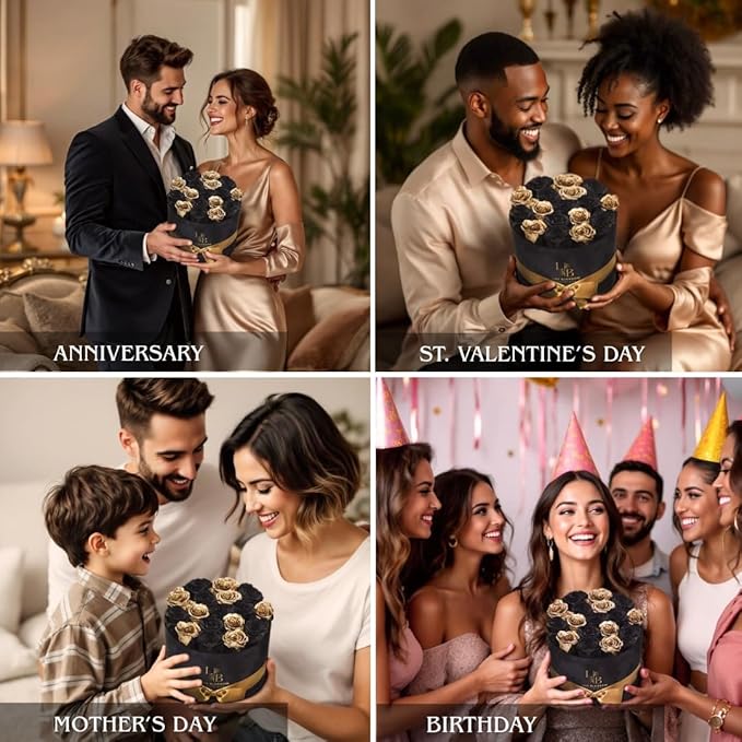 17 Black & Gold Forever Roses, Velvet Box - Luxury Black Roses for Mothers Day, Mothers Day Roses, Gifts for Women, Mother's Day Flowers for Mom, Black Roses for Delivery Prime