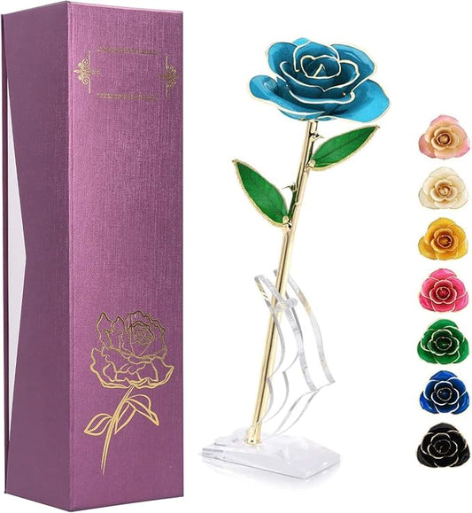 Blue Rose with Stand, Forever Preserved Gold Dipped Rose Flower for Wife Mother Girlfriend, Blue Rose with Stand