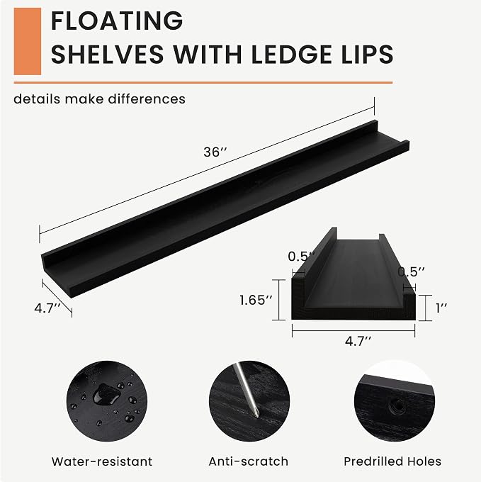 FLYJOE Picture Ledge Shelf Wall, 36 inch Solid Ash Wood Nursery Book Shelves 2 Packs, Floating Ledge Shelves for Kids' Room Bedroom Bathroom Living Room Photo Frames Office Nursey Wall Decor, Black