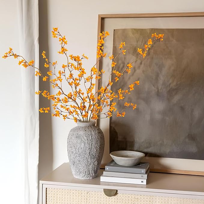 Ammyoo 4Pcs Fake Flowers Blossom Branches Artificial Flowers for Indoor Decor, Faux Long Stem Realistic Indoor Plants for Vase Wedding Home Office Bedroom Party Table Centerpieces Decor