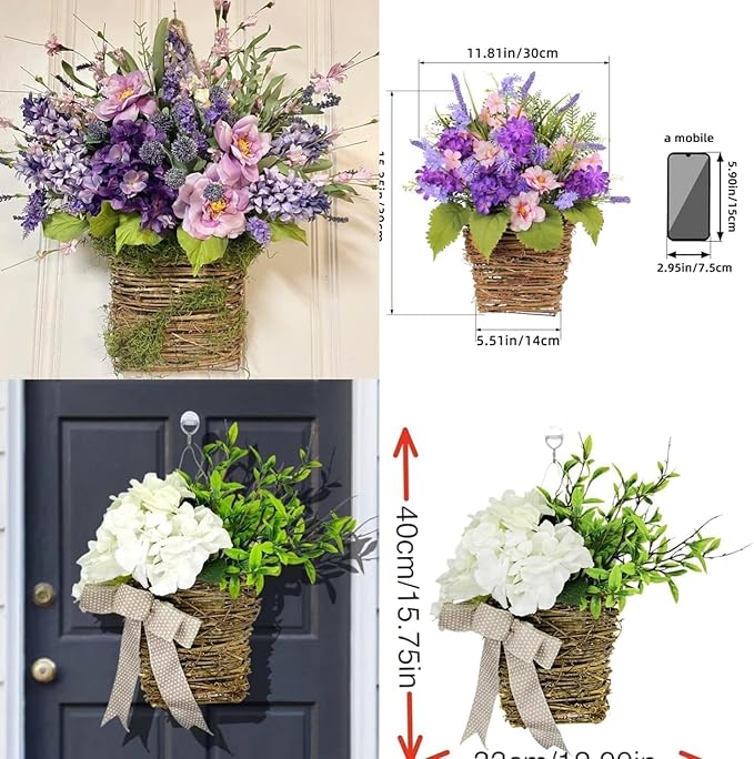 2026 Cream Hydrangea Door Hanger Basket Wreath, Spring Summer Wreaths for Front Door Wildflowers Front Door Basket Wreath Artificial Flower Hanging Basket for Home Farmhouse Seasonal Decor (F)