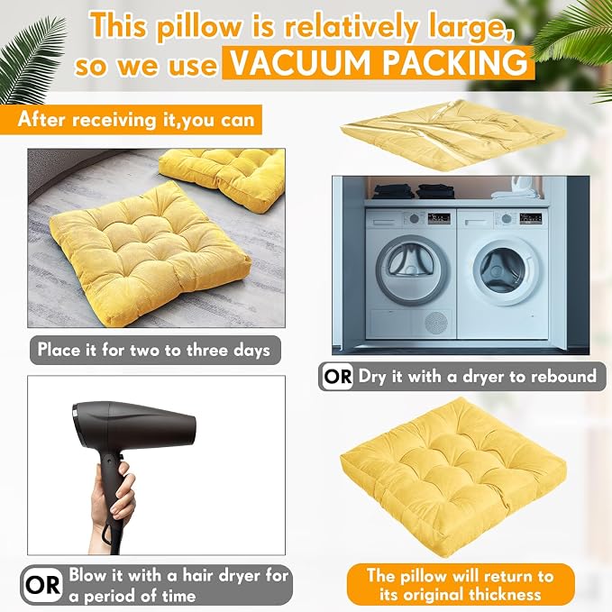 Jerify 4 Pcs Floor Pillow Cushions Large Round Square Large Meditation Floor Pillow for Classroom Adult Meditation Picnic Party Seating Learning Daycare School (Square,Yellow)