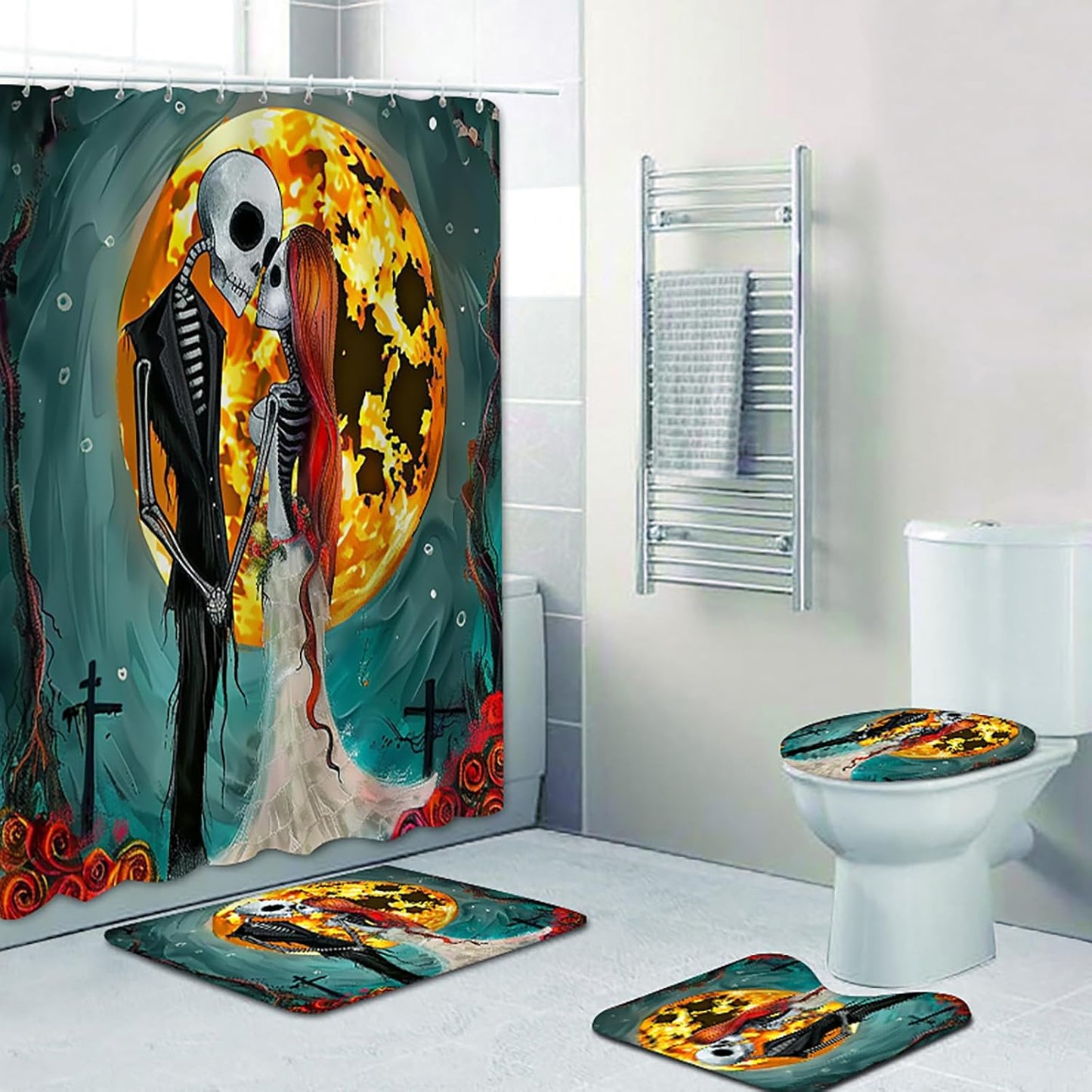 NEWSUYAA Halloween Decorations Shower Curtain Set with Non-Slip Rugs and Bath Mats,Black Skull Skeleton Bathtub Curtains with 12 Hooks,All Saints'Day (Nov 1st) Bathroom Decor