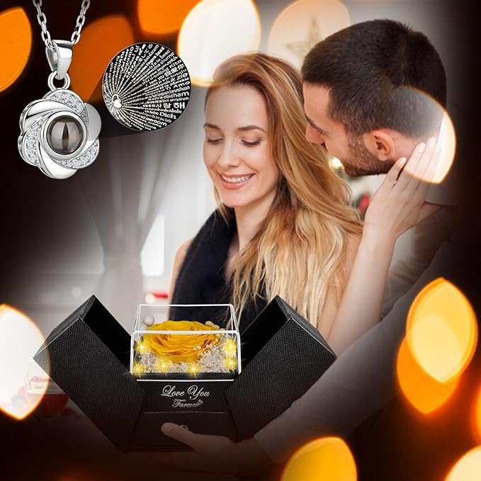 ENERLEAF Preserved Yellow Real Rose-Eternal Flowers Rose Gifts for Mom Grandma Wife Girlfriend on Mothers Day Birthday Valentines Christmas Anniversary Romantic Gifts for Her with I Love You Necklace