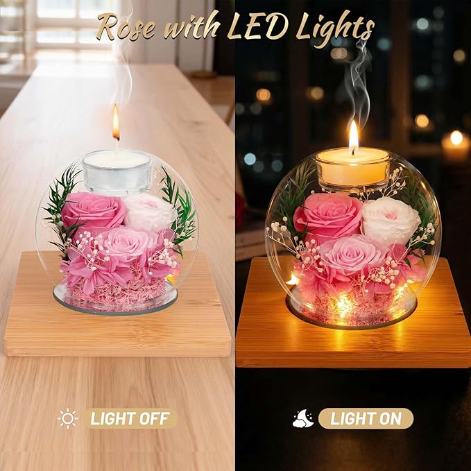 ENERLEAF Preserved Pink Real Rose in Glass with Scented Candles–Eternal Flower Romantic Anniversary Mothers Day Christmas Birthday Valentines Day Gifts for Her, Women, Wife, Girlfriend, Mom, Grandma