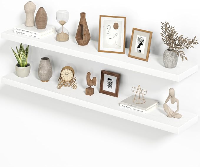 Heimlove 55 Inch Long Floating Shelves for Wall,9.3" Deep White Floating Shelves Set of 2,Large Display Shelf & Storage Shelf,Wall Mounted Shelves for Bedroom Living Room Kitchen Office