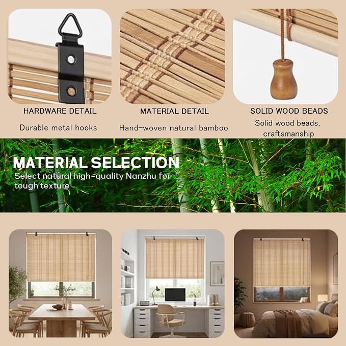 Bamboo Shades for Outdoor Patio, Custom Bamboo Blinds for Indoor Windows, Natural Woven Wood Window Blinds, Light-Filtering & Privacy Protection Roll Up Shades,Easy to Install