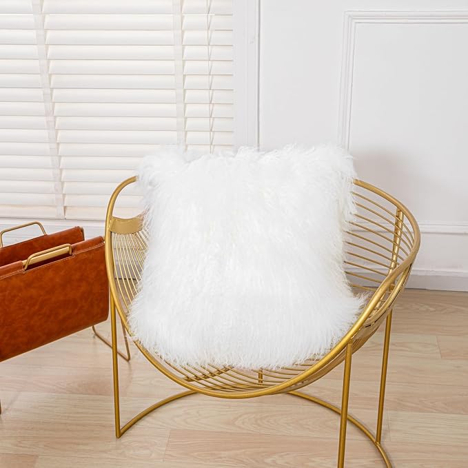 Mongolian Lamb Fur Throw Pillow Cover (16'' x 16'', White) Real Fur Decorative Cushion Cover Pillow Case for Living Room Bedroom