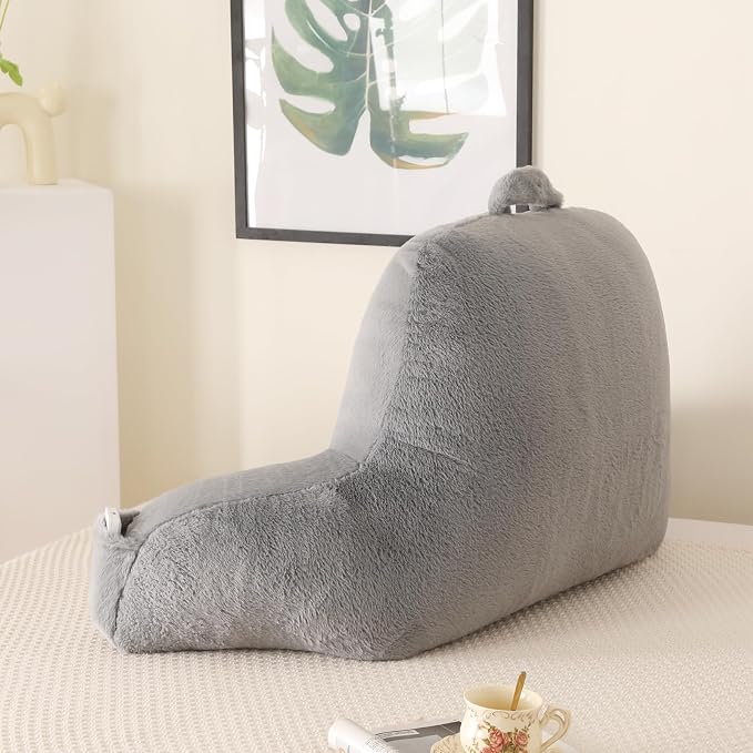 Soft Reading Pillow for Bed with Arms,Middle,Gray,Faux Fur | 17" Backrest with Arms for Gaming & Lounging,Oeko-TEX Certified Plush Back Pillow for Teens Room