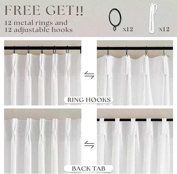 TWODRAPES Beige White Pinch Pleated Linen Curtains 1 Panel for Living Room Bedroom Memory Training Shaped Semi Sheer Pleat Drapes with Hooks Rings Light Filtering Window Curtain 60x108