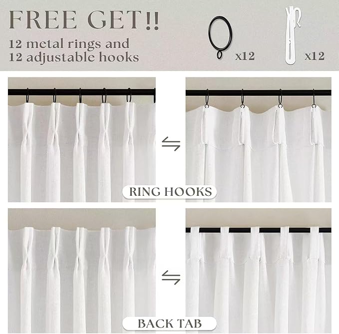 TWODRAPES Ivory White Pinch Pleated Extra Wide Linen Curtains 84 Inches Long for Patio Sliding Glass Door 70 Inch Wide Pleated Drapes with Hooks Rings Semi Sheer 70x84 Curtain for Living Room 1 Panel