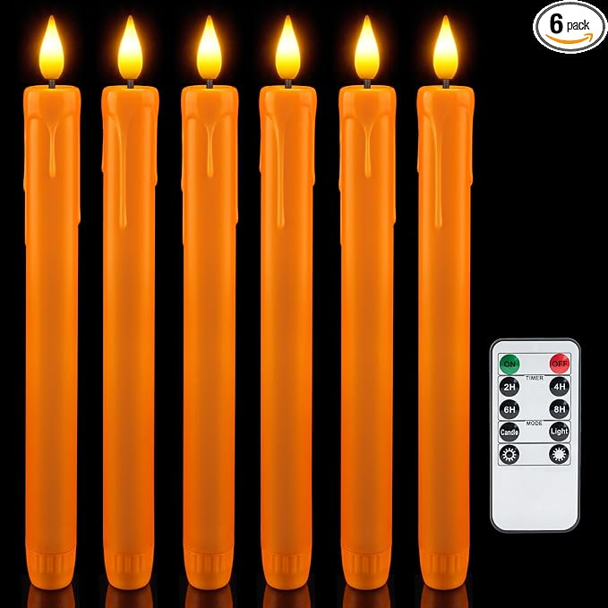 Homemory 6 Pcs Orange Flameless Taper Candles with Remote, Timer, Dimmer, Battery Operated CandleSticks with Flickering Light, Plastic Led Window Candles, for Halloween Decoration 9.6 Inches