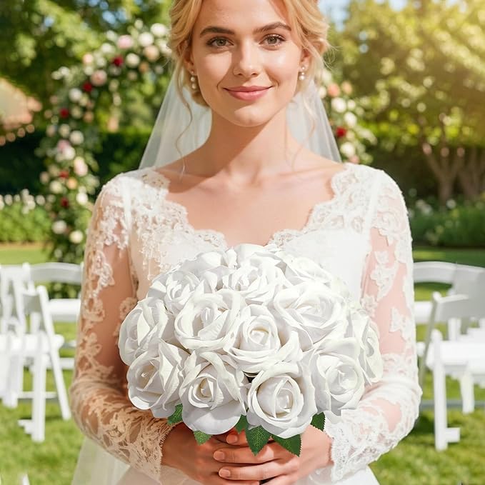Lifewit Classic White Artificial Roses Flowers, Faux Long Stem Silk Roses Bulky for DIY Wedding Bouquets Decoration, Centerpieces Arrangements, Velentine,12 Pcs