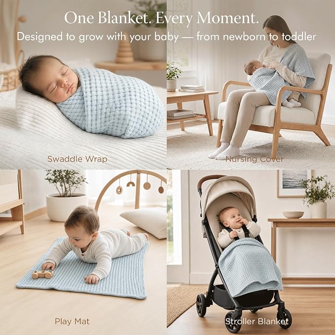 Threadmill Cooling Waffle Baby Blanket |Made from Rayon Derived from Bamboo|Breathable Swaddle Blankets for Newborns| 41 x 37 Inches|Ultra-Soft Baby Wrap for Boys & Girls|Registry Essential|Light Blue