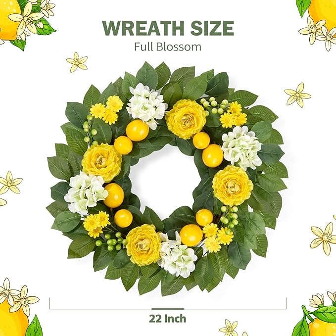 Summer Lemon Wreaths for Front Door, 22 Inch Yellow Summer Wreath Decorations with Peony, Hydrangea, Berries for Farmhouse Porch Wall Window Home Kitchen Decor