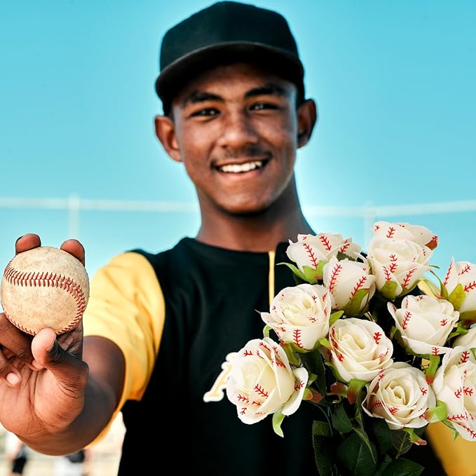Suncalla 12 Pcs Baseball Rose with Leaves Bulk Artificial Fake White Roses Decor Sports Flower Gifts for Table Centerpieces Graduation Wedding Gift Sports Theme Rose Bouquet Party Favors