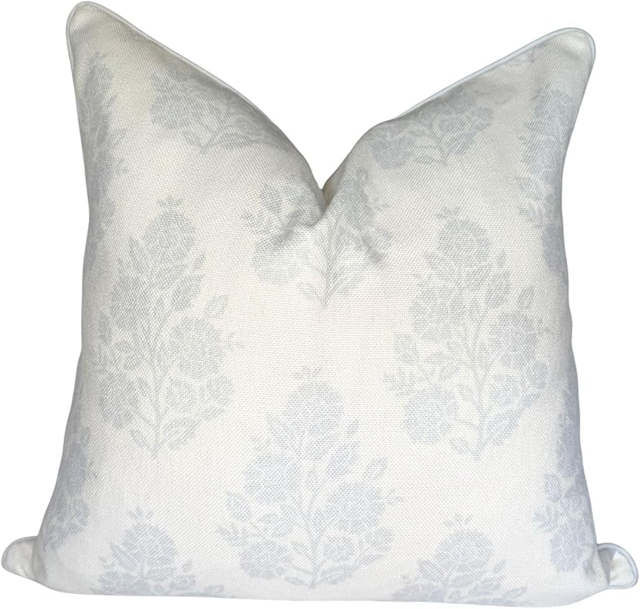 Jillien Harbor “The Patty” Floral Block Print Pillow Cover – Neutral Gray Decorative Throw Pillow Cover with White Background – Grandmillennial Home Decor, 20" x 20"