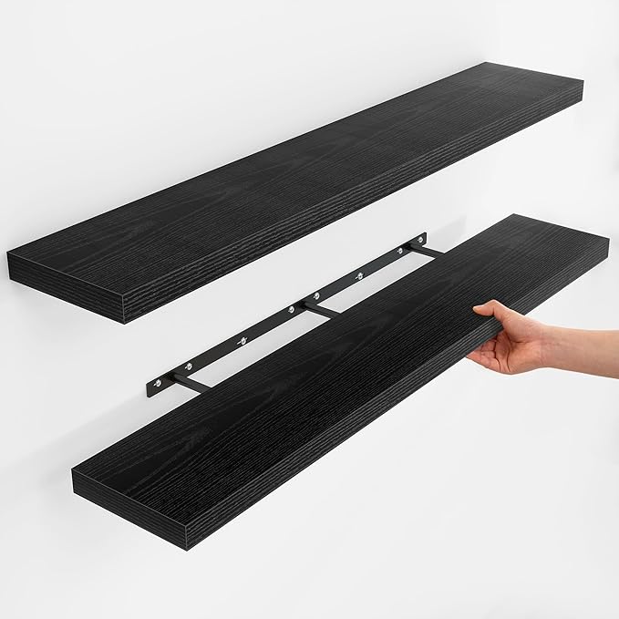 Fun Memories Floating Shelves for Wall, Rustic Wood Wall Mounted Shelves for Bathroom, Bedroom, Living Room & Kitchen, Storage Display Shelves, (Set of 2, Black, 48 in)