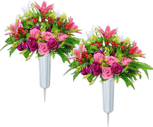XONOR Artificial Cemetery Flowers with Vase, Set of 2 Artificial Rose Lily Bouquet Graveyard Memorial Flowers for Cemetery Headstones Decoration