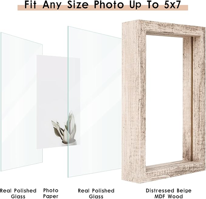 MUYE 5x7 Floating Frames Distressed Beige White Wood Pattern,Double Glass Picture Frame Display Any Size Photo up to 5x7,Wall Mount or Tabletop,2 Pack