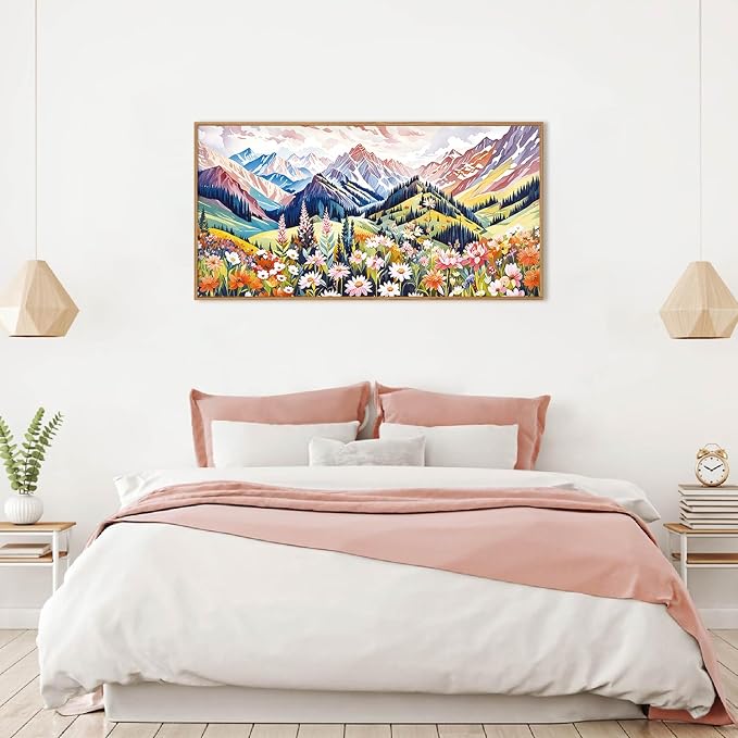 Abstract Colorful Floral Mountain Landscape Framed Canvas Wall Art,Natural Boho Woodland Wildflower Decor,Modern Pink Blossom Botanical Artwork for Living Room, Bedroom, Farmhouse-40 x20 x1