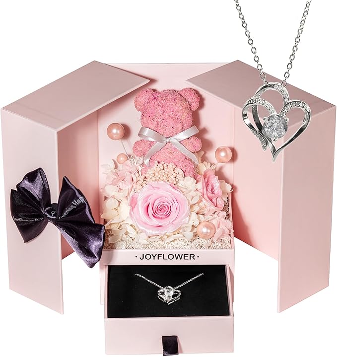 JoyFlower Preserved Flowers Bear with Necklace Gifts for Girlfriend, Unique Pearl Rose Bear Necklace Birthday Gifts for Mom, Eternal Roses Mother's Valentine's Day for Wife Grandma Her