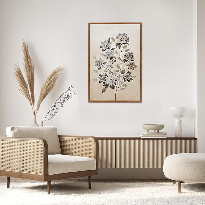 LHIUEM Vintage Flower Framed Canvas Wall Art,Boho Botanical Wall Decor,Rustic Beige Floral Painting,Nature Wildflower Artwork for Living Room,Bedroom,Dining Room,Farmhouse -16"x24"x3