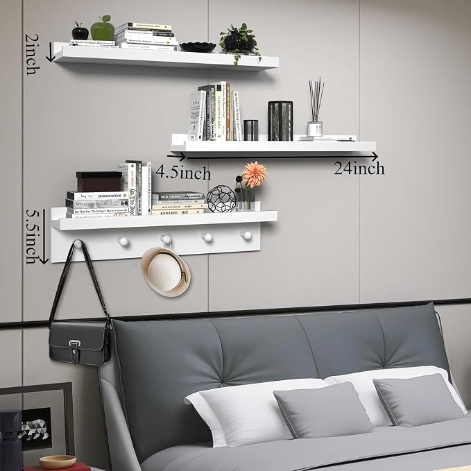 MBYD Picture Shelf Ledge, 24 Inch Floating Shelves for Wall, Nursery Book Shelves with Hooks Set of 3, Floating Shelf Wall Mounted for Bathroom, Kids Room, Living Room, Kitchen Bedroom White