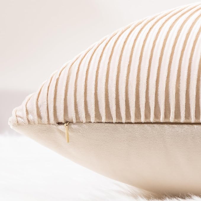 YCOLL Tan Pillow Covers 20x20 Set of 2 Velvet Striped Pattern - Soft Throw Pillows for Home Decor, Luxury Decorative Pillow Covers for Couch, Bed,Living Room