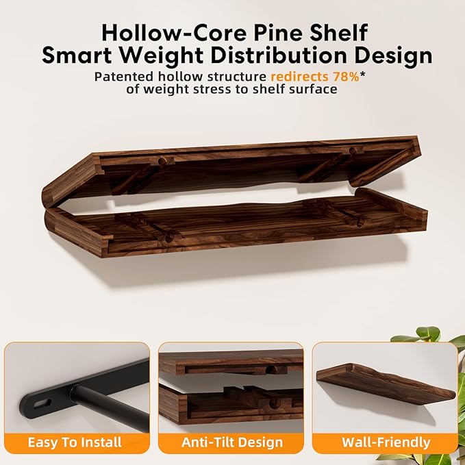 Floating Shelves for Wall Rustic Farmhouse 36 Inch Floating Shelf Bathroom Wooden Shelves for Wall Mounted Live Edge Pine Shelf with Unique Natural Grain for Living Room Bedroom Kitchen (Walnut)