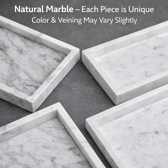 Natural White Marble Tray, 12" x 8", Rectangular | Stone Organizer, For Bathroom, Kitchen, Vanity, Desktop, For Coffee Table, Dresser, Nightstand