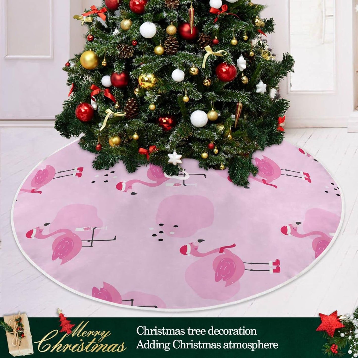 Christmas Flamingo Champagne Tree Skirt, Seasonal Tree Mat Holiday Party Supplies Ornaments Indoor Outdoor Decorations for Tabletop Trees 35.4 Inches
