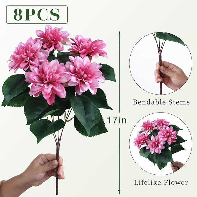 VIERENA 8 Bundles Artificial Dahlia Flowers for Outdoors Spring Summer Decor, No Fade Silk Flower Faux Dahlias Plant Arrangement for Home Garden Balcony Farmhouse（Pink）