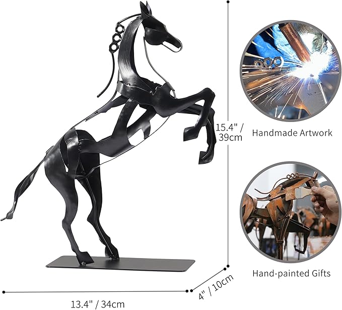 SunBlogs Art Metal Horse Statue Décor, Handmade & Hand-Painted Modern Western Horse Decoration, Rustic Iron Sculpture Gifts for Home Office for Horse Lovers (Black)