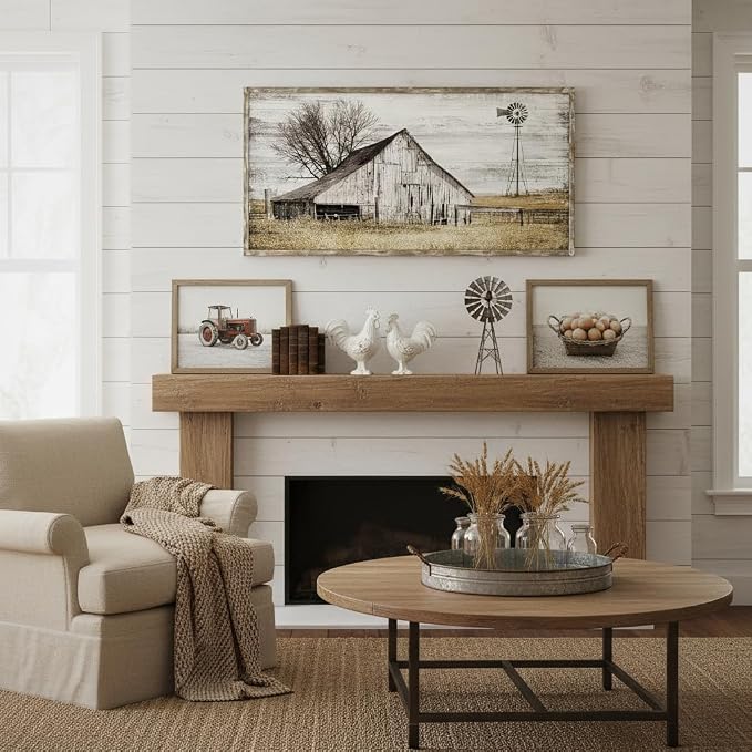 Barn Framed Wall Art Farmhouse: Rustic Farm Wood Picture Decor Large Windmill Country Scene Painting Horizontal Nature Landscape Artwork Panoramic Countryside View Print for Home Living Room Bedroom