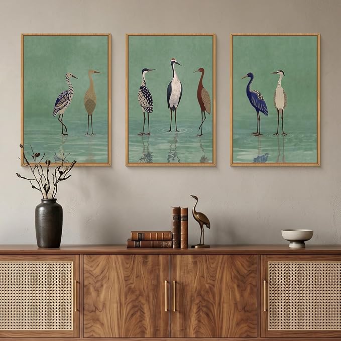 Large Vintage Birds Heron Framed Canvas Wall Art,Green Lake Wildlife Wall Decor,Minimalist Animals Art Prints,Natural Coastal Landscape Artwork for Living Room,Bedroom,Farmhouse- 24''x36''x3