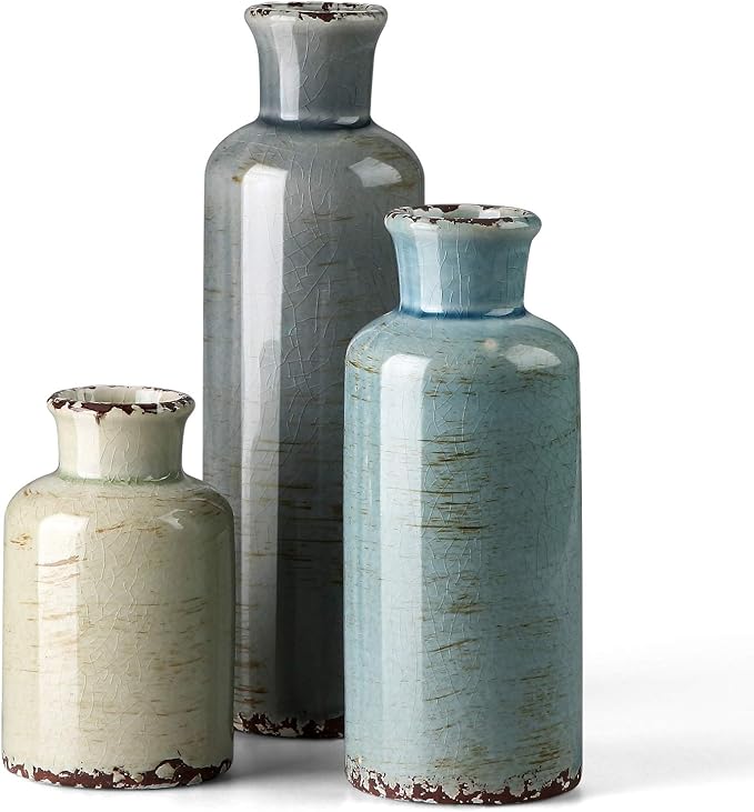 CwlwGO- Ceramic Vase Set of 3, Small Flower Vases for Home Decoration, Modern Farmhouse Decor, Living Room Kitchen Table Centerpieces, Shelf, Mantel, Fireplace and Entrance Decorations-Multicolor.